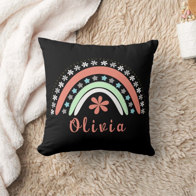 Boho Blommigt Rainbow med Personlig Namn Kudde (Filt)