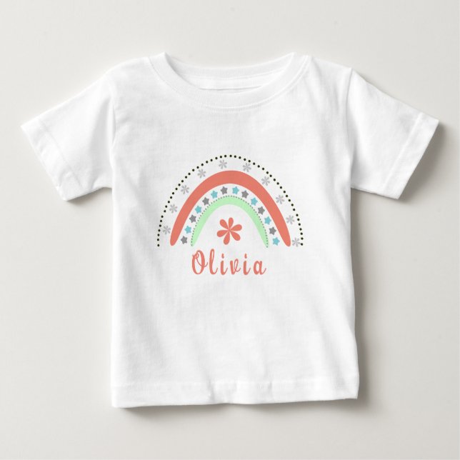 Boho Blommigt Rainbow med Personlig Namn T Shirt (Framsida)