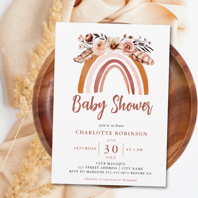 Boho Blommigt Rainbow Terracotta Orange Baby Showe Inbjudningar (Skapare uppladdad)