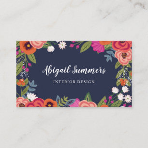 Boho Blommigt Ram - marinblått och koralt Visitkort