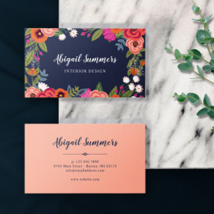 Boho Blommigt Ram - marinblått och koralt Visitkort