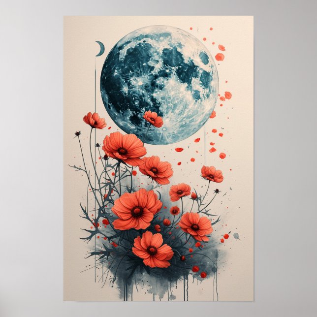 Boho Blommigt Ram med Blue Måne: Vattenfärg:  Poster (Framsidan)