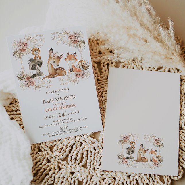 Boho Blommigt Ram Woodland Baby Shower Inbjudningar (Sweet woodland themed baby shower invitation featuring a boho floral frame and woodland animals.)