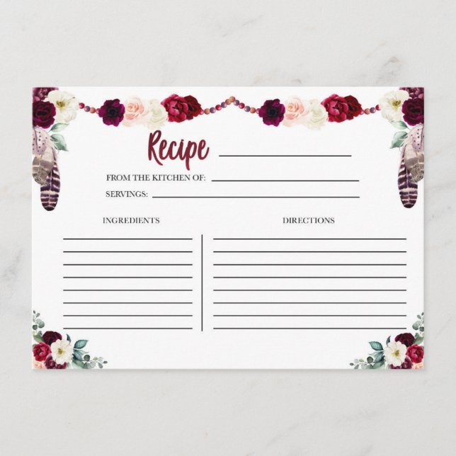 Boho Blommigt Recept Card Tilläggskort (Framsida)