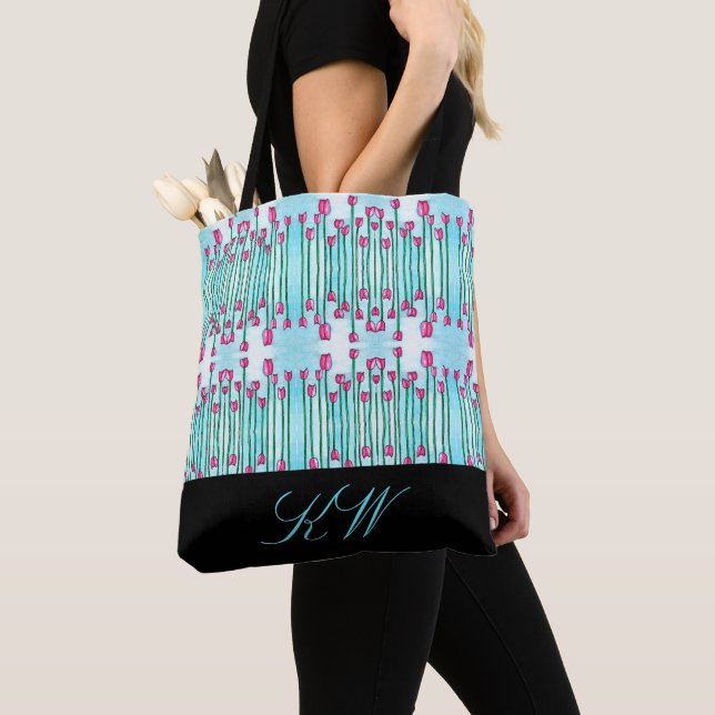 Boho Blommigt Retro Monogram Tote Bag Tygkasse (Närbild)