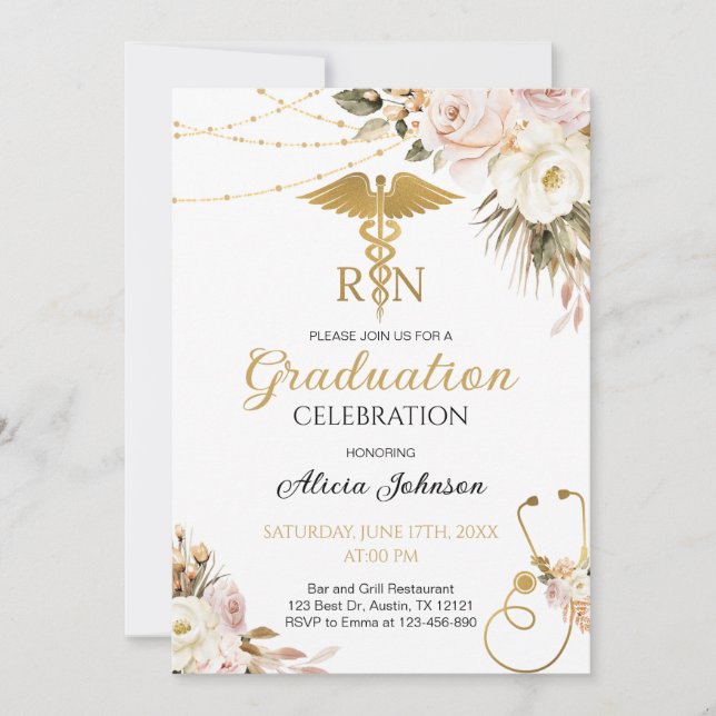 Boho Blommigt RN Nursing School Studenten Inbjudningar (Framsida)