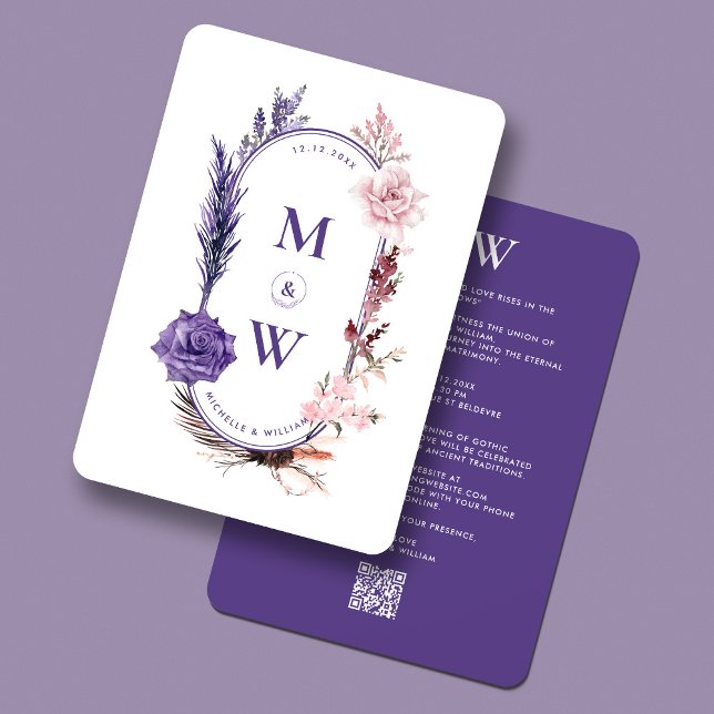 Boho Blommigt Ro Aesthetic Bröllop Lila Rosa Inbjudningar (Boho Floral Roses Aesthetic Wedding Purple Pink Invitation
)