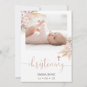 Boho Blommigt Ro Calligraphy Photo Christening Inbjudningar