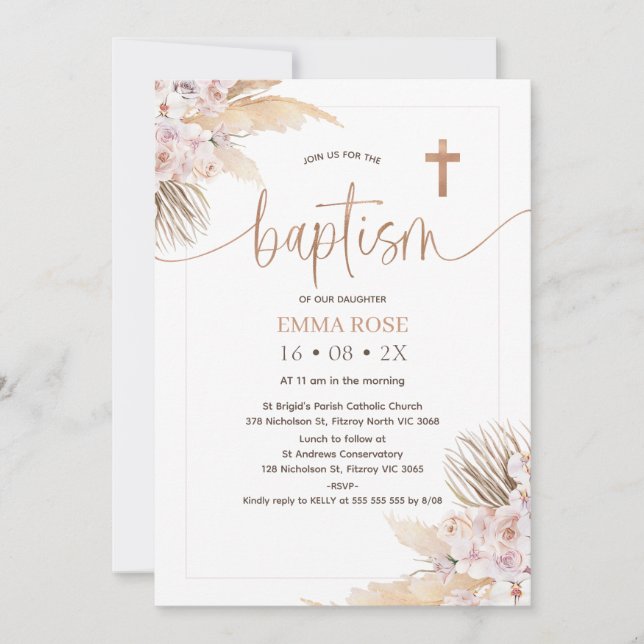 Boho Blommigt Ro Guld Calligraphy Baptism Inbjudningar (Framsida)
