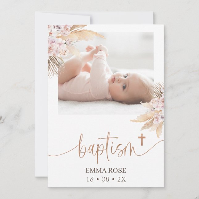 Boho Blommigt Ro Guld Calligraphy Photo Baptism Inbjudningar (Framsida)