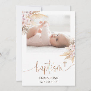 Boho Blommigt Ro Guld Calligraphy Photo Baptism Inbjudningar