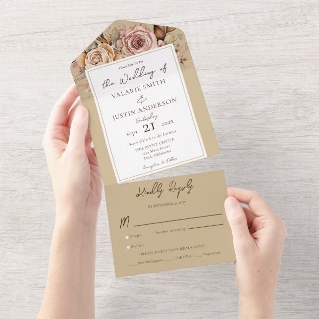 Boho Blommigt Rosa Beige Bröllop (Avrivbar del)