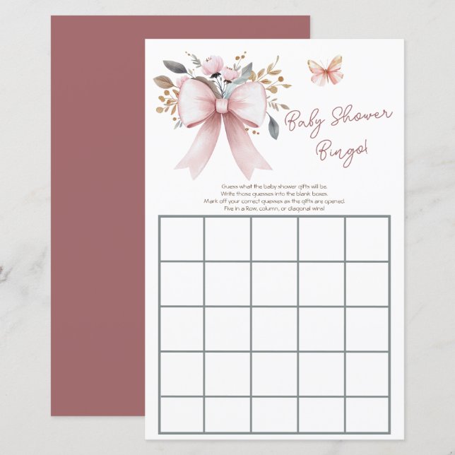 Boho Blommigt Rosa Bow Girl Baby Shower Bingo (Fram/baksida)