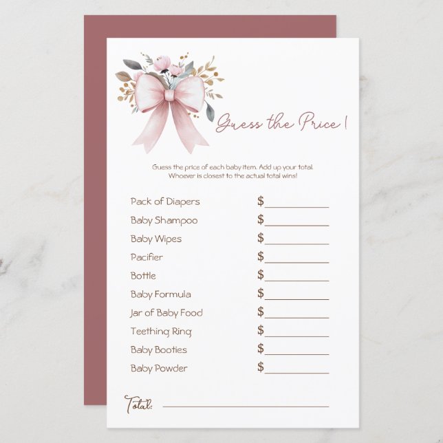 Boho Blommigt Rosa Bow Girl Baby Shower Pris gissn (Fram/baksida)