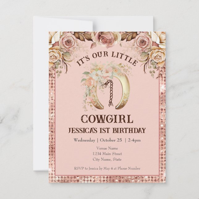 Boho Blommigt Rosa Cowgirl 1st Birthday Inbjudningar (Framsida)