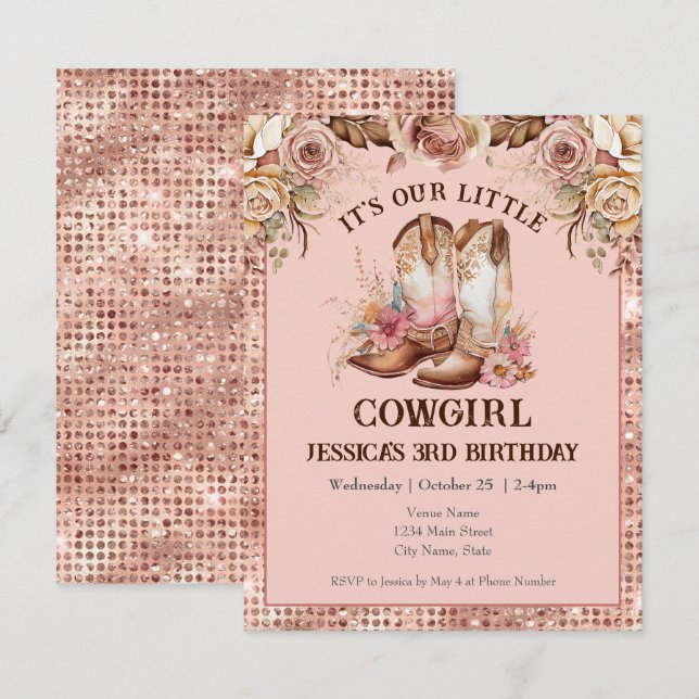Boho Blommigt Rosa Cowgirl Birthday Rodeo Inbjudningar (Fram/baksida)