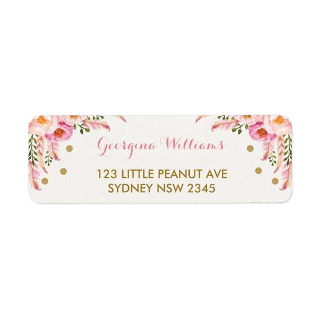 Boho Blommigt Rosa Guld Baby Shower Address Label Returadress Etikett (Framsidan)
