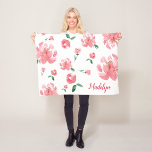 Boho blommigt rosa peonies personlig namn fleecefilt