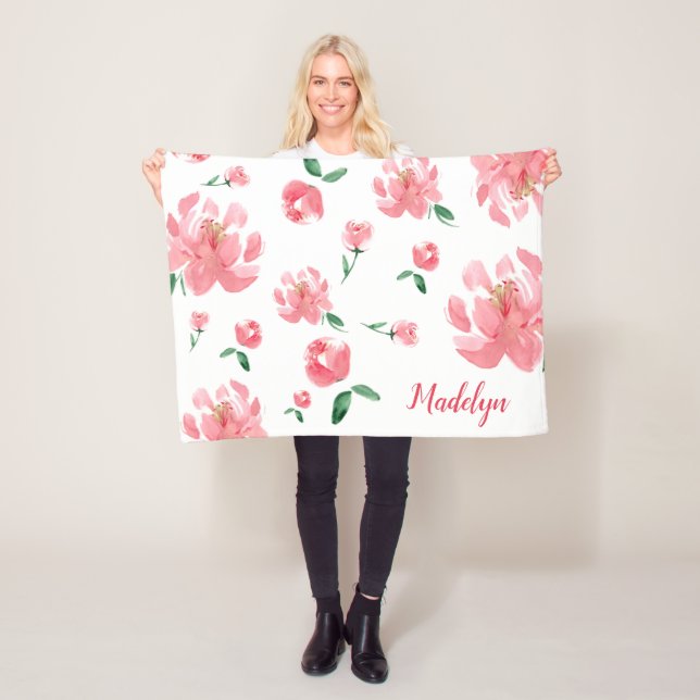Boho blommigt rosa peonies personlig namn fleecefilt (På plats)