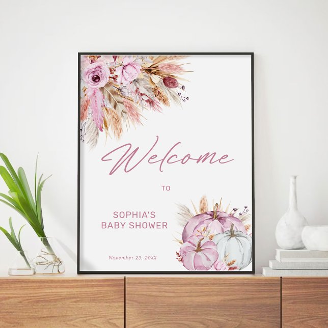 Boho Blommigt Rosa Pumpkin Baby Shower Välkommen Poster (Skapare uppladdad)