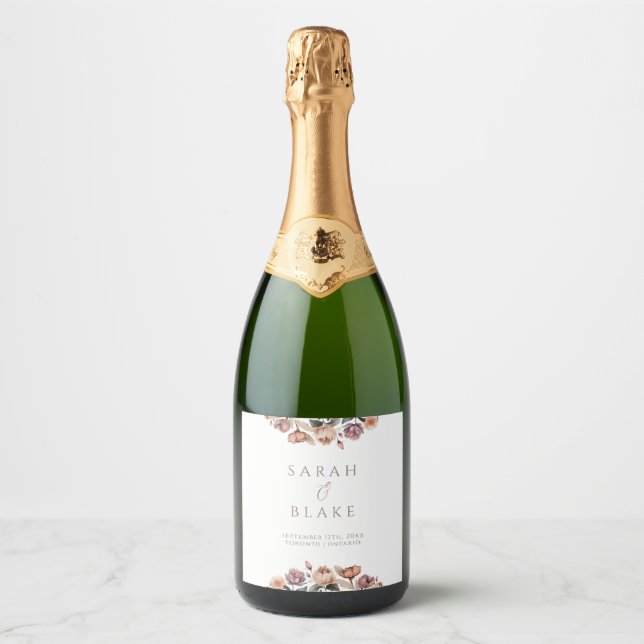 Boho Blommigt Rosa ros Bröllop Sparkling Vin etike (Framsida)