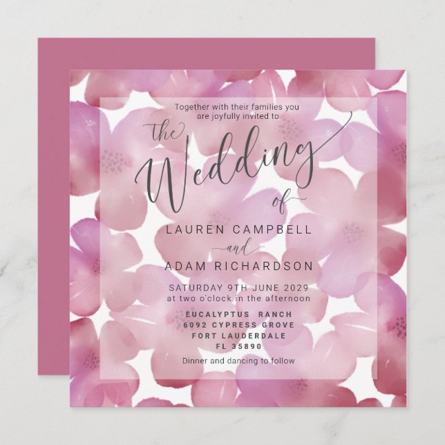 Boho Blommigt  Rosa Watercolor Wedding bjudande in (Fram/baksida)