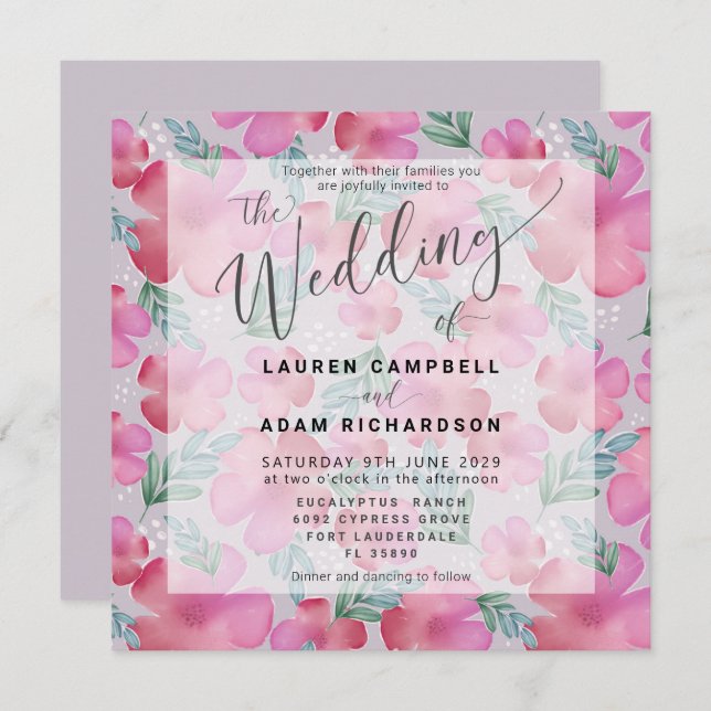 Boho Blommigt  Rosa Watercolor Wedding bjudande in (Fram/baksida)