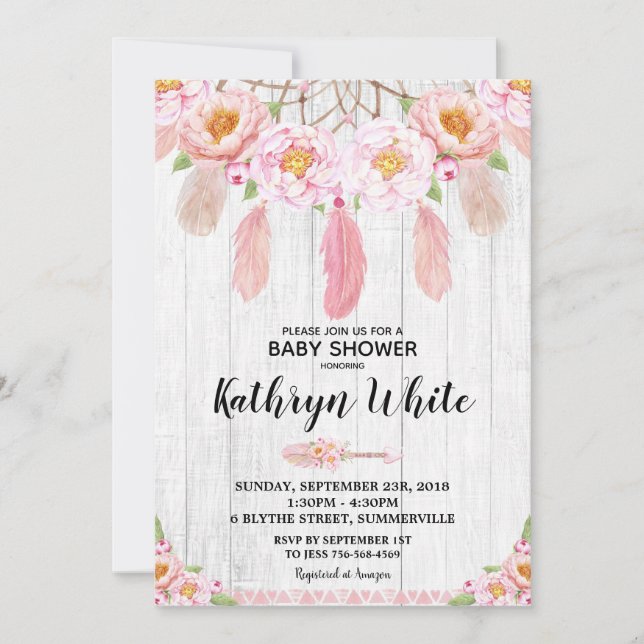 Boho Blommigt Rustic Baby Shower-inbjudan Girl Inbjudningar (Framsida)