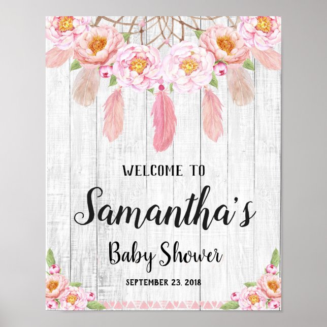 Boho Blommigt Rustic Baby Shower Välkomstskylt Pos Poster (Framsidan)