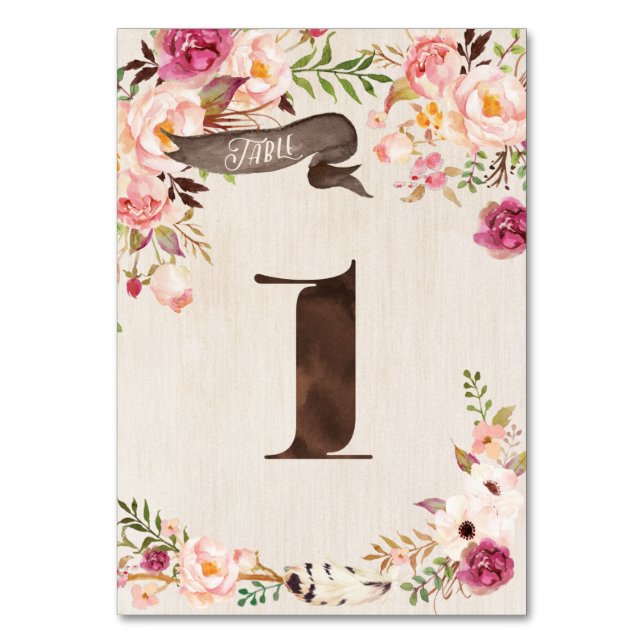 Boho Blommigt Rustic Bröllop Bordsnummer Card (Framsidan)