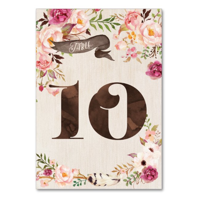 Boho Blommigt Rustic Bröllop Bordsnummer Card 10 (Framsidan)