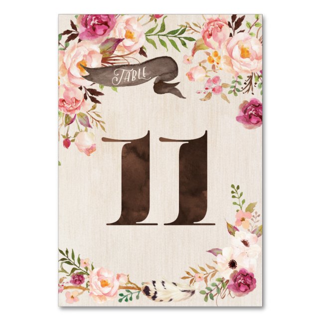 Boho Blommigt Rustic Bröllop Bordsnummer Card 11 (Framsidan)