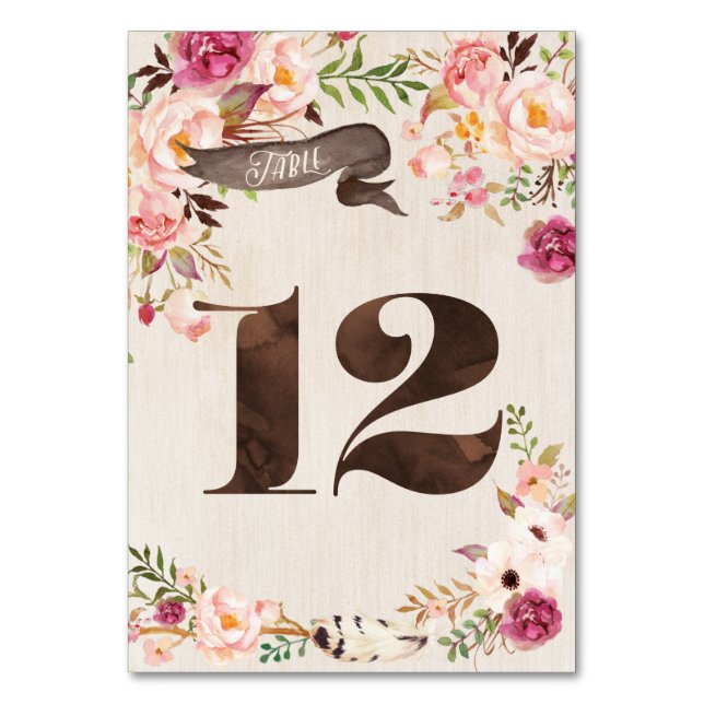 Boho Blommigt Rustic Bröllop Bordsnummer Card 12 (Framsidan)