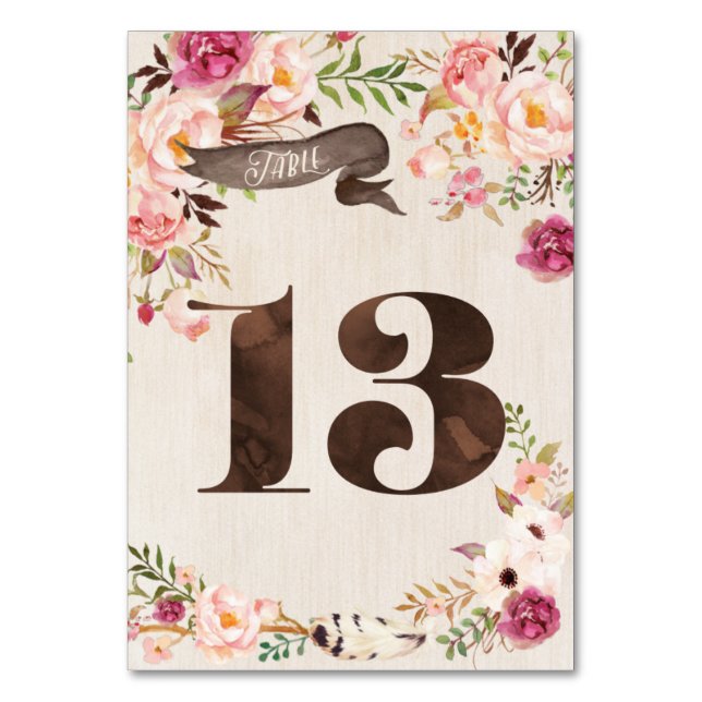 Boho Blommigt Rustic Bröllop Bordsnummer Card 13 (Framsidan)