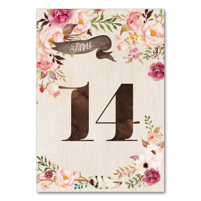 Boho Blommigt Rustic Bröllop Bordsnummer Card 14 (Framsidan)