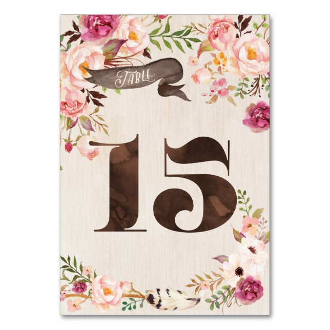 Boho Blommigt Rustic Bröllop Bordsnummer Card 15 (Framsidan)