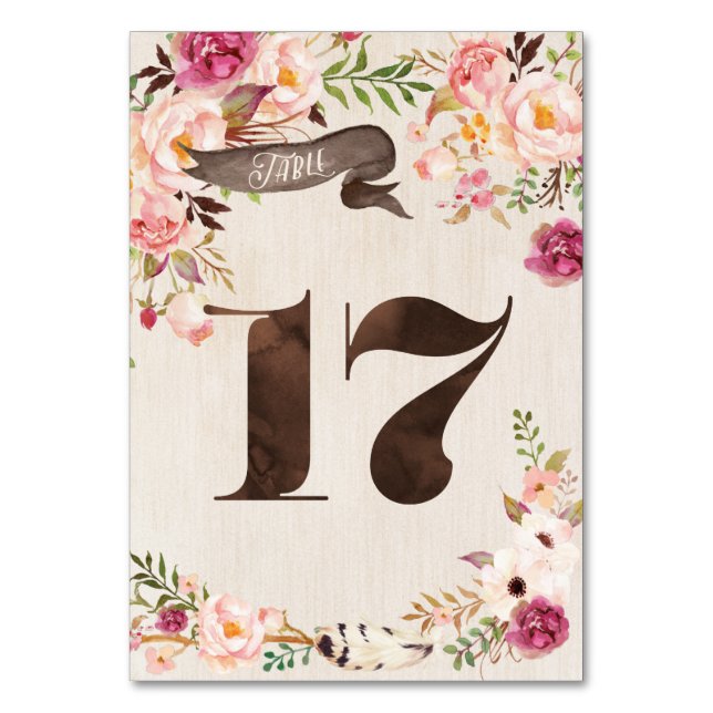 Boho Blommigt Rustic Bröllop Bordsnummer Card 17 (Framsidan)
