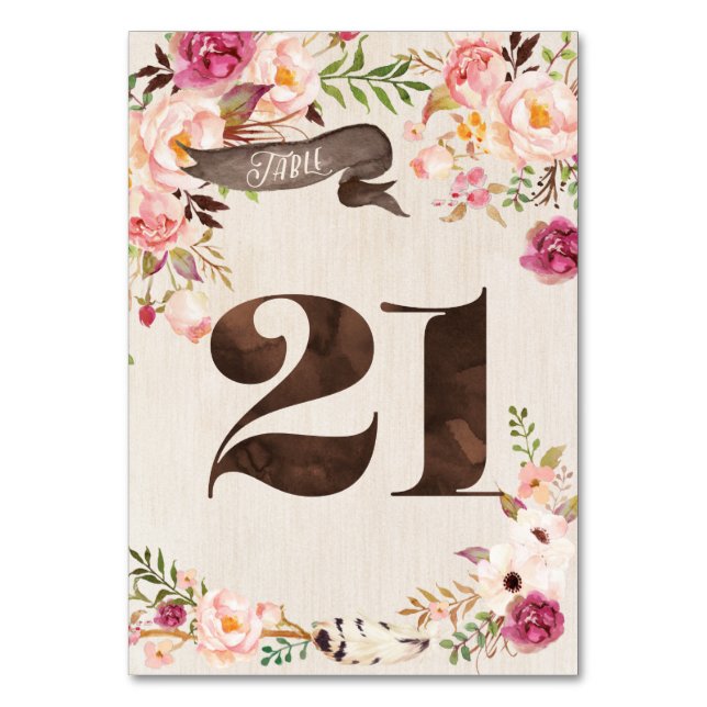 Boho Blommigt Rustic Bröllop Bordsnummer Card 21 (Framsidan)