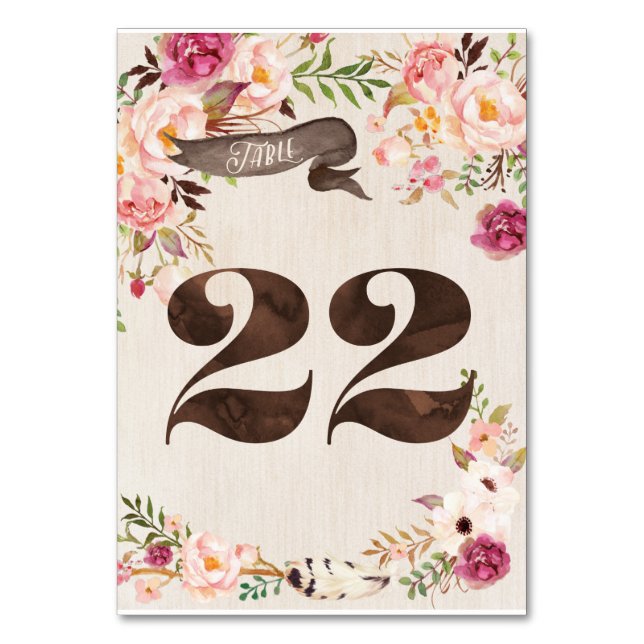 Boho Blommigt Rustic Bröllop Bordsnummer Card 22 (Framsidan)