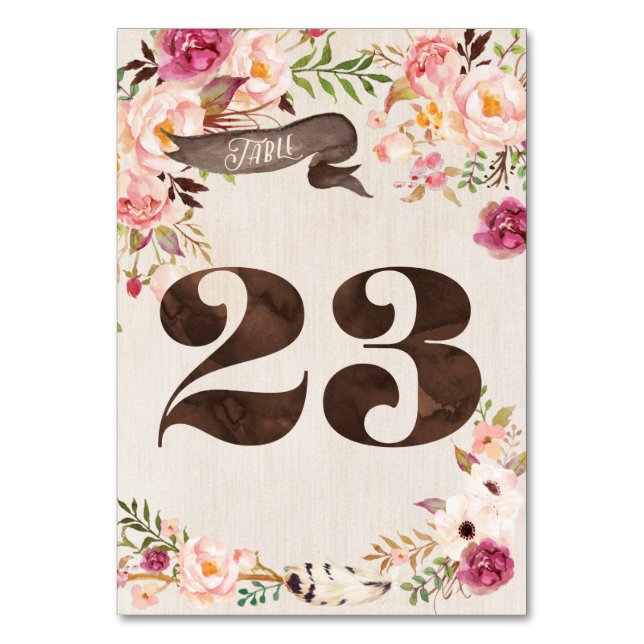 Boho Blommigt Rustic Bröllop Bordsnummer Card 23 (Framsidan)