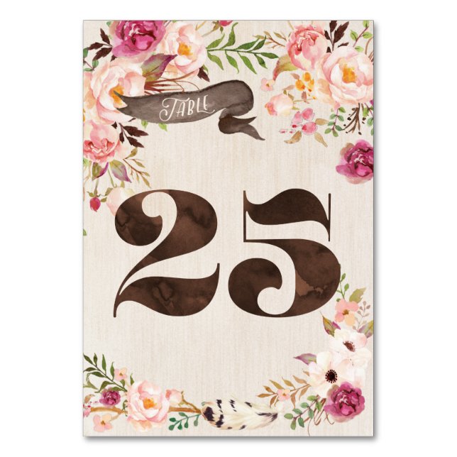 Boho Blommigt Rustic Bröllop Bordsnummer Card 25 (Framsidan)