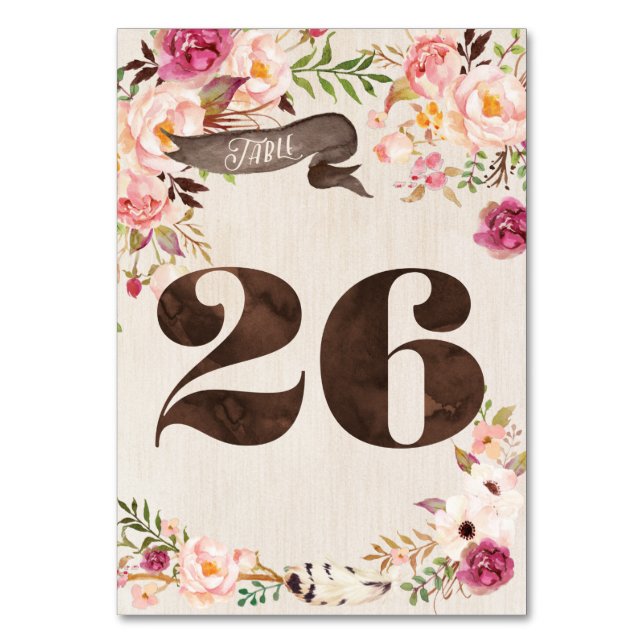 Boho Blommigt Rustic Bröllop Bordsnummer Card 26 (Framsidan)
