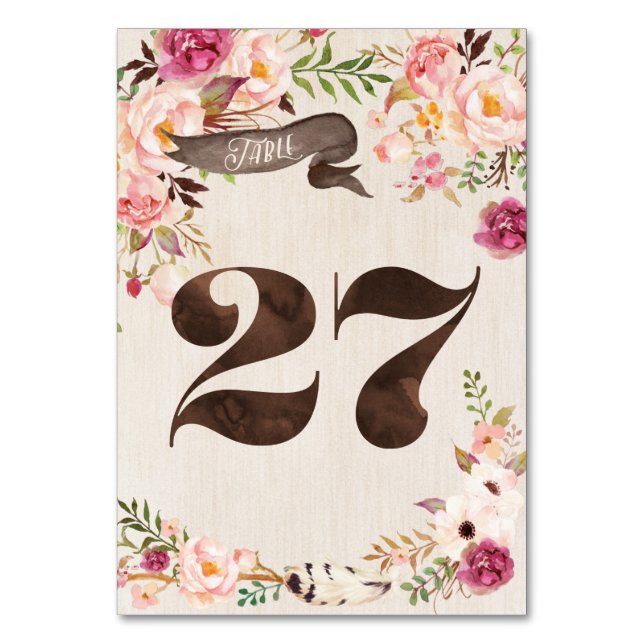 Boho Blommigt Rustic Bröllop Bordsnummer Card 27 (Framsidan)