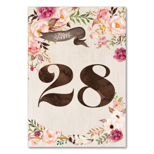 Boho Blommigt Rustic Bröllop Bordsnummer Card 28 (Framsidan)