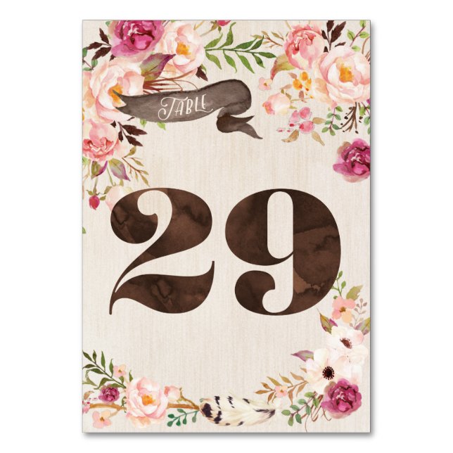 Boho Blommigt Rustic Bröllop Bordsnummer Card 29 (Framsidan)