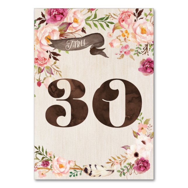 Boho Blommigt Rustic Bröllop Bordsnummer Card 30 (Framsidan)