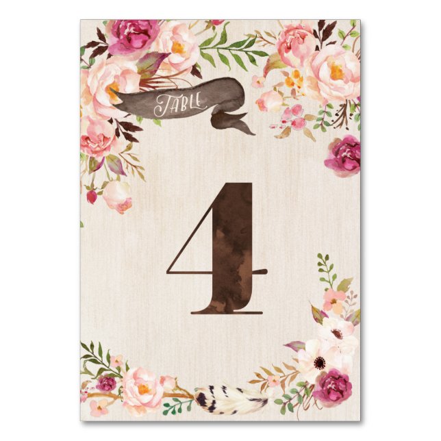 Boho Blommigt Rustic Bröllop Bordsnummer Card 4 (Framsidan)