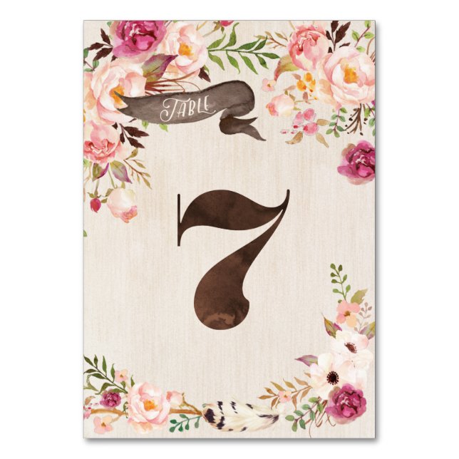 Boho Blommigt Rustic Bröllop Bordsnummer Card 7 (Framsidan)