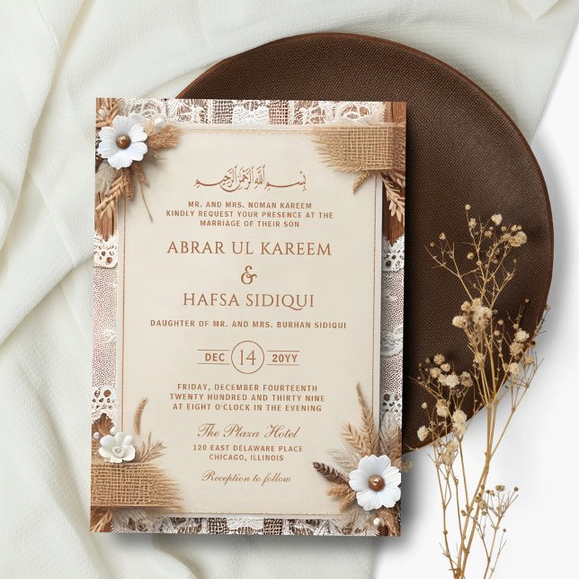 Boho Blommigt Rustic Monogram Islamic Bröllop Inbjudningar (Skapare uppladdad)