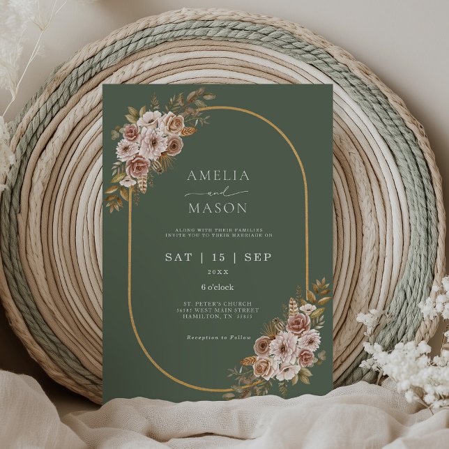 Boho Blommigt Sage Grönt och Guld Bröllop Inbjudningar (Boho Sage Green and Gold Floral Wedding Invitation)
